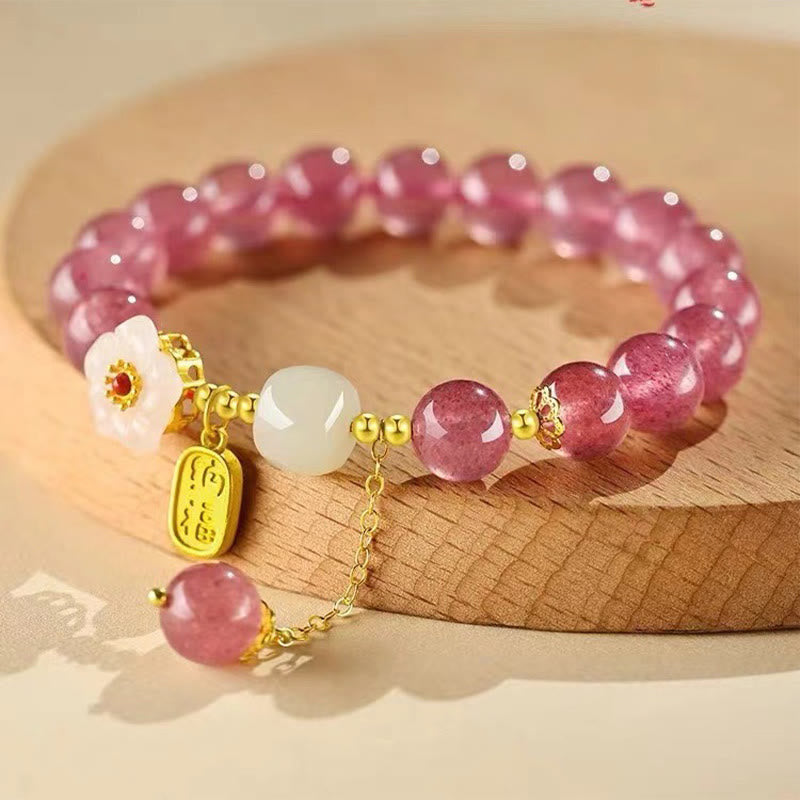 Buddha Stones Strawberry Quartz Fu Character Pink Crystal Healing Bracelet - Pink Crystal(Wrist Circumference: 14-16cm) - image 0