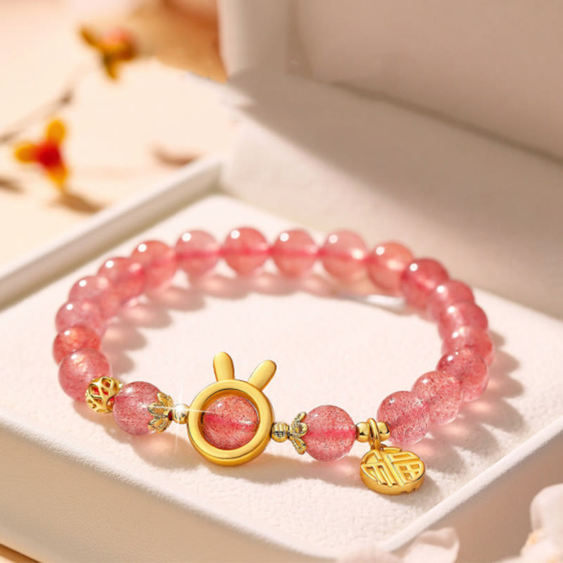 Buddha Stones Strawberry Quartz Fu Character Pink Crystal Healing Bracelet - image 6