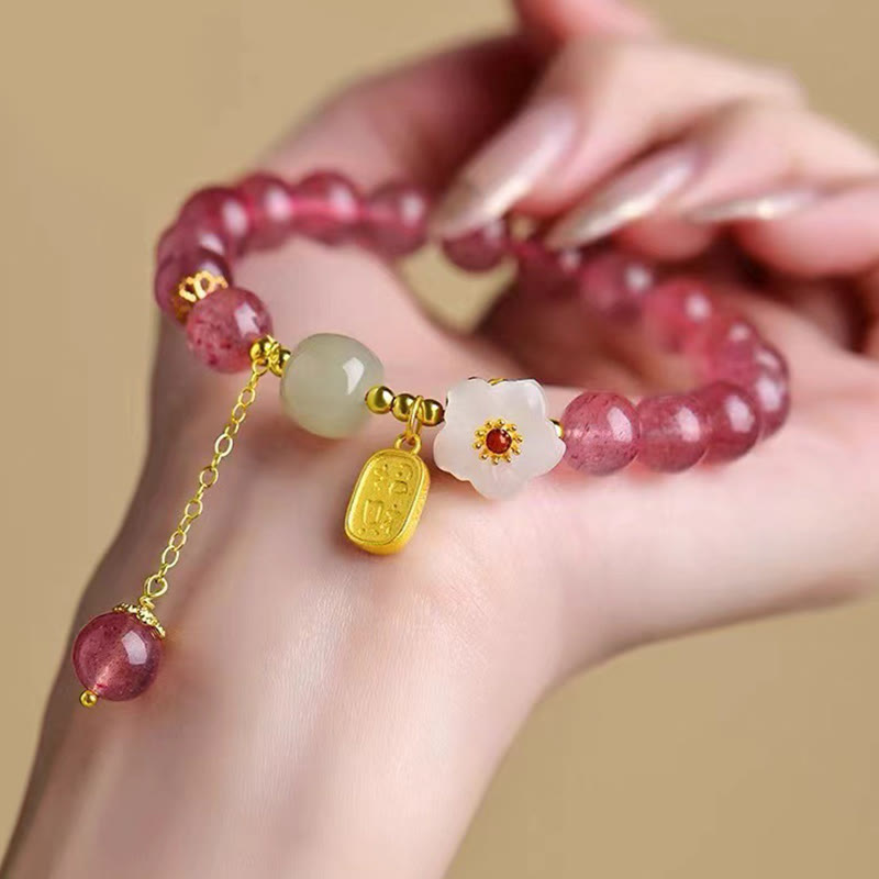 Buddha Stones Strawberry Quartz Fu Character Pink Crystal Healing Bracelet - image 1