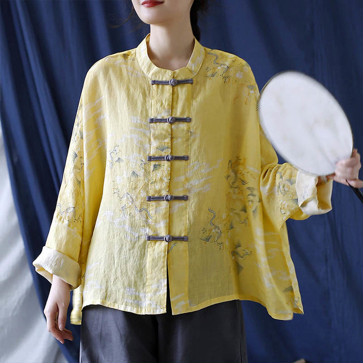 Buddha Stones Yellow Phoenix Print Frog-button Design Long Sleeve Ramie Linen Jacket Shirt - image 12