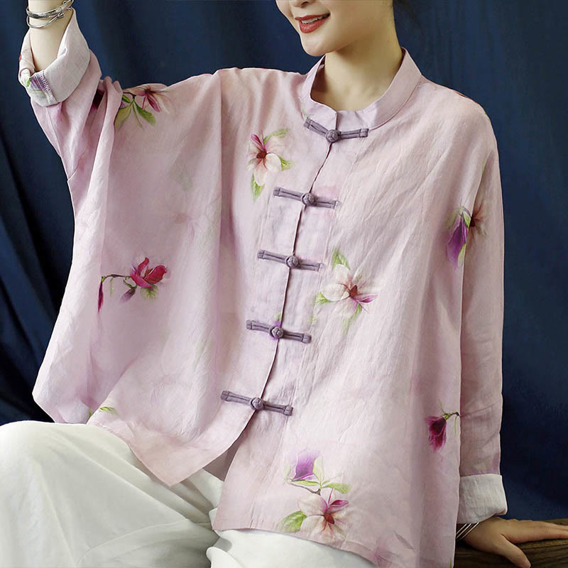 Buddha Stones Pink Flower Print Frog-button Design Batwing Long Sleeve Ramie Linen Jacket Shirt - Pink Flower Short Style(Fit for US4-14; UK/AU8-18; EU36-46)(Jacket Only) - image 0