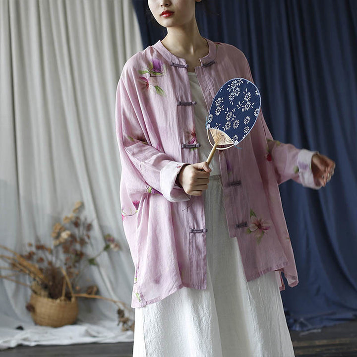 Buddha Stones Pink Flower Print Frog-button Design Batwing Long Sleeve Ramie Linen Jacket Shirt - image 25