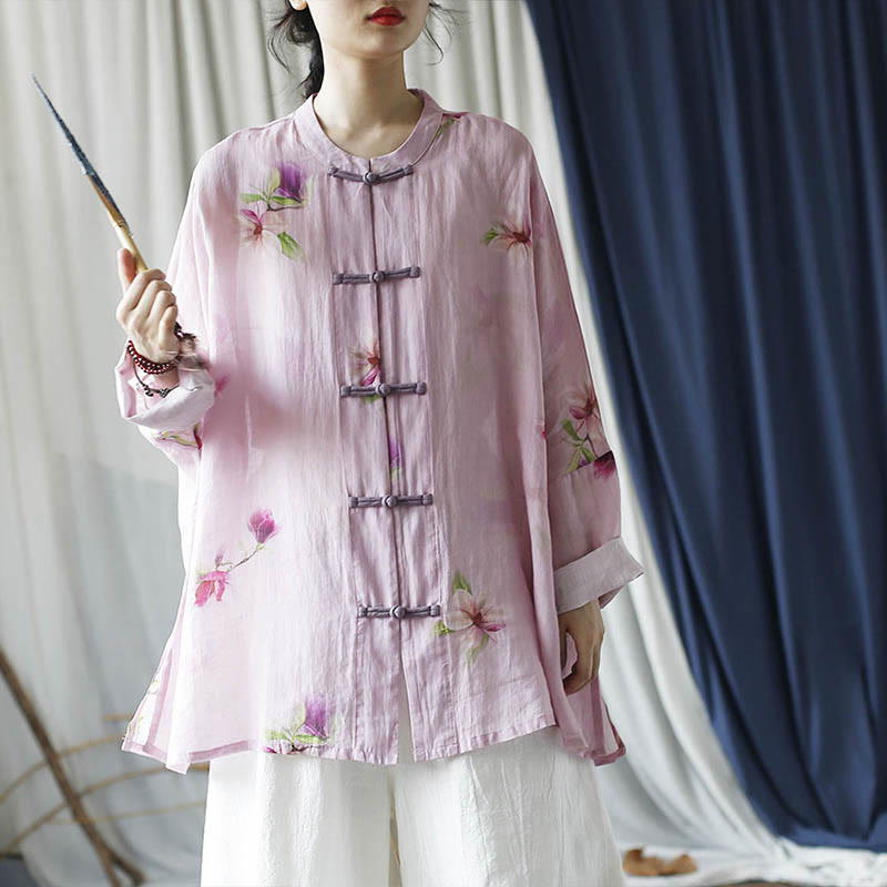 Buddha Stones Pink Flower Print Frog-button Design Batwing Long Sleeve Ramie Linen Jacket Shirt - image 31
