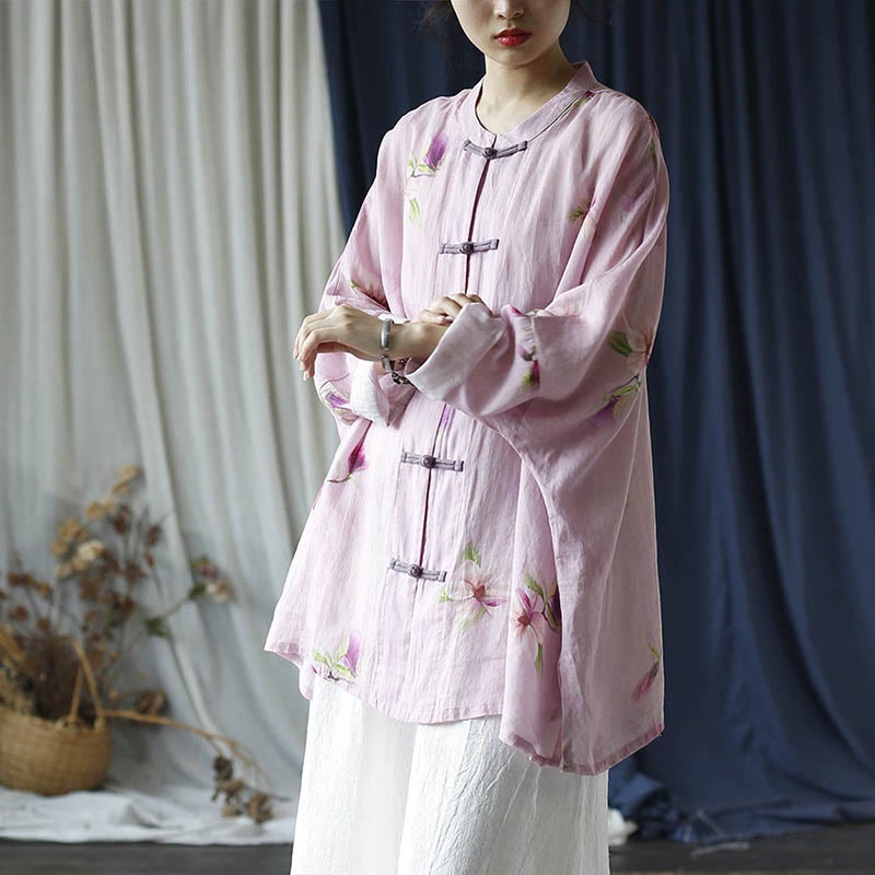 Buddha Stones Pink Flower Print Frog-button Design Batwing Long Sleeve Ramie Linen Jacket Shirt - image 37