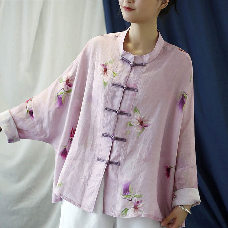 Buddha Stones Pink Flower Print Frog-button Design Batwing Long Sleeve Ramie Linen Jacket Shirt - image 14