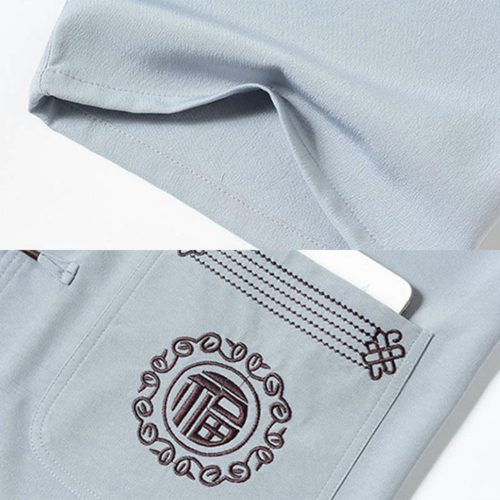 Buddha Stones Fu Character Embroidery Tang Suit Traditional Frog-Button Short Sleeve Top Pants Clothing Men's Set - image 8