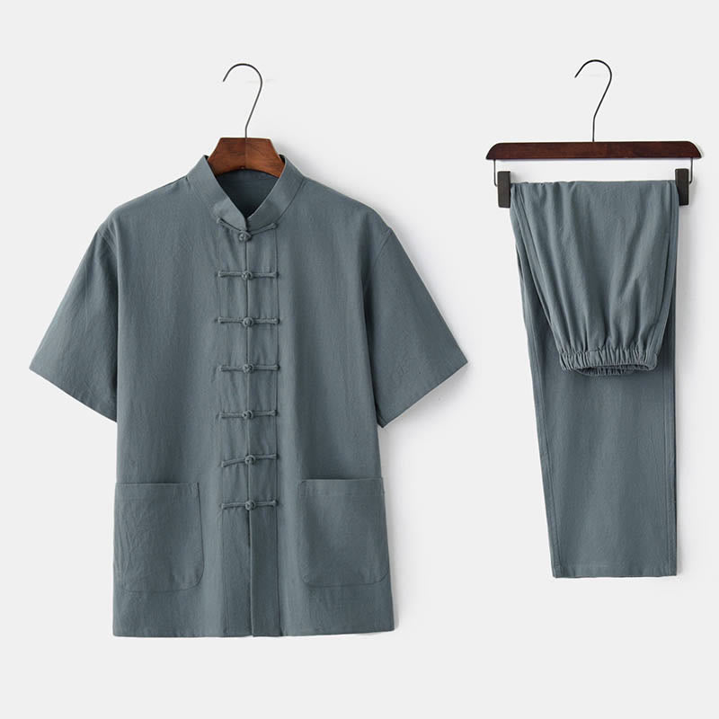 Buddha Stones Solid Color Frog-Button Tang Suit Traditional Cotton Linen Short Sleeve Top Pants Clothing Men's Set - Gray Green(Top&Pants) - US/UK/AU44，EU54 (4XL)  - image 0