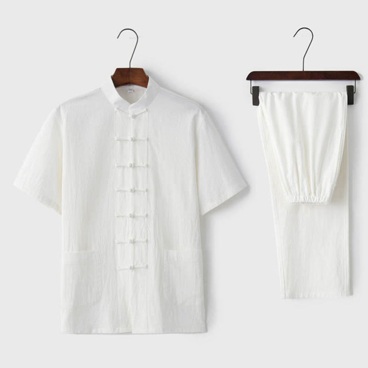 Buddha Stones Solid Color Frog-Button Tang Suit Traditional Cotton Linen Short Sleeve Top Pants Clothing Men's Set - White(Top&Pants) - US/UK/AU44，EU54 (4XL)  - image 5