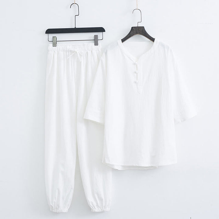 Buddha Stones Solid Color Traditional Cotton Linen Short Sleeve T-shirt Pants Clothing Men's Set - White(Top&Pants) - US/UK/AU44，EU54 (4XL) - image 8