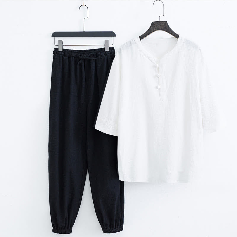 Buddha Stones Solid Color Traditional Cotton Linen Short Sleeve T-shirt Pants Clothing Men's Set - White Shirt&Black Pants(Top&Pants) - US/UK/AU44，EU54 (4XL) - image 11