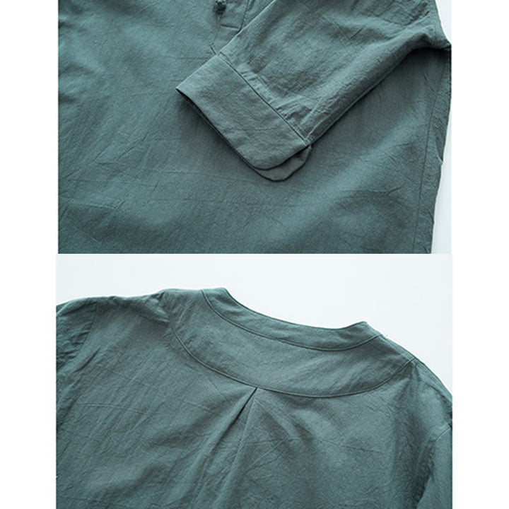 Buddha Stones Solid Color Traditional Cotton Linen Short Sleeve T-shirt Pants Clothing Men's Set - image 3