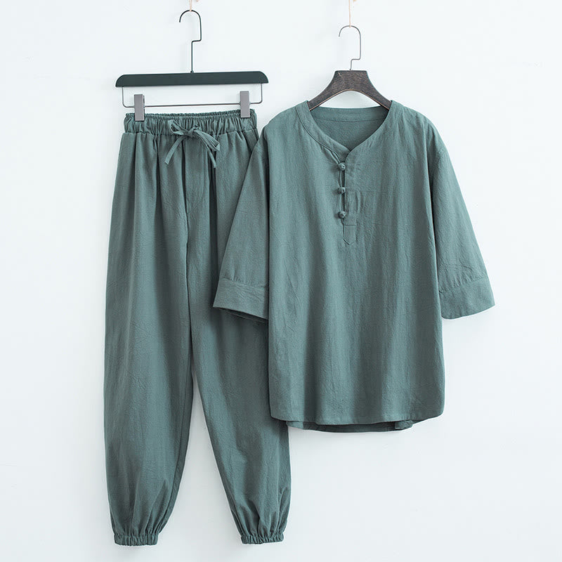 Buddha Stones Solid Color Traditional Cotton Linen Short Sleeve T-shirt Pants Clothing Men's Set - Green(Top&Pants) - US/UK/AU44，EU54 (4XL) - image 0