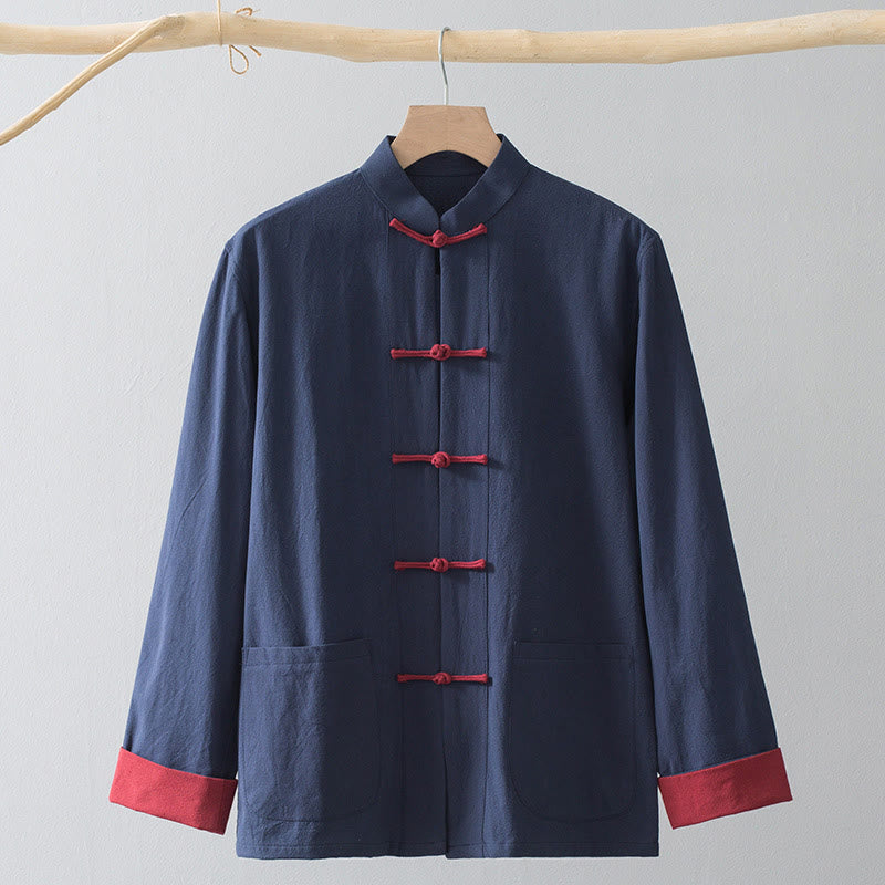 Buddha Stones Frog-Button Chinese Tang Suit Shirt Cotton Linen Men Jacket Clothing - Blue Shirt&Red Frog Button - US/UK/AU44，EU54 (4XL) - image 12