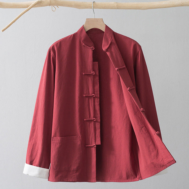 Buddha Stones Frog-Button Chinese Tang Suit Shirt Cotton Linen Men Jacket Clothing - Red Shirt&White Frog Button - US/UK/AU44，EU54 (4XL) - image 14