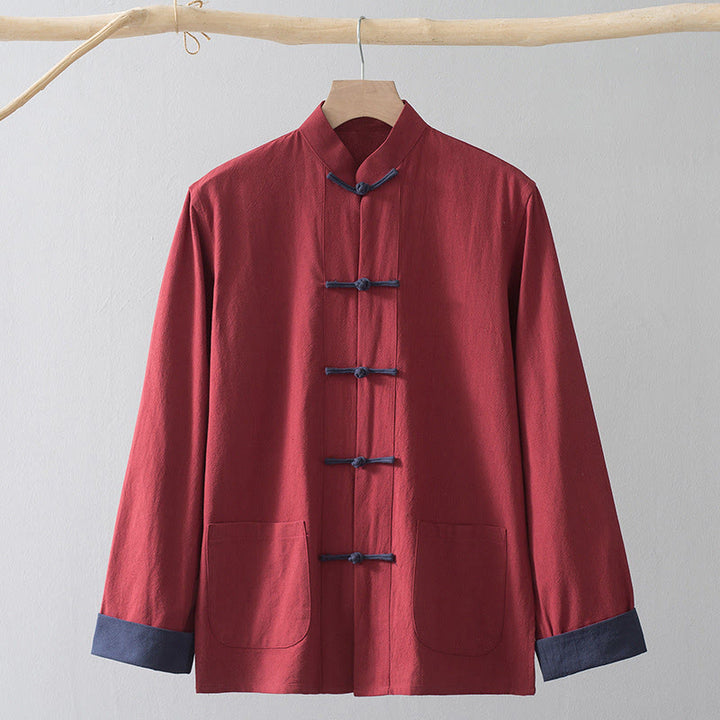 Buddha Stones Frog-Button Chinese Tang Suit Shirt Cotton Linen Men Jacket Clothing - Red Shirt&Blue Frog Button - US/UK/AU44，EU54 (4XL) - image 16
