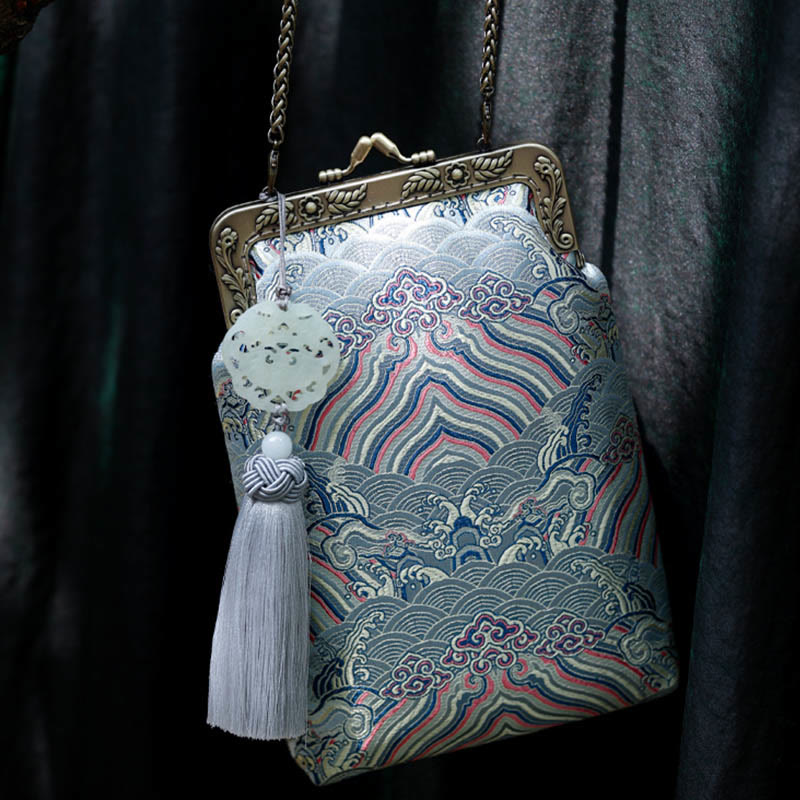 Buddha Stones Small Blue Ocean Waves Metal Chain Crossbody Bag Shoulder Bag Cellphone Bag - image 8