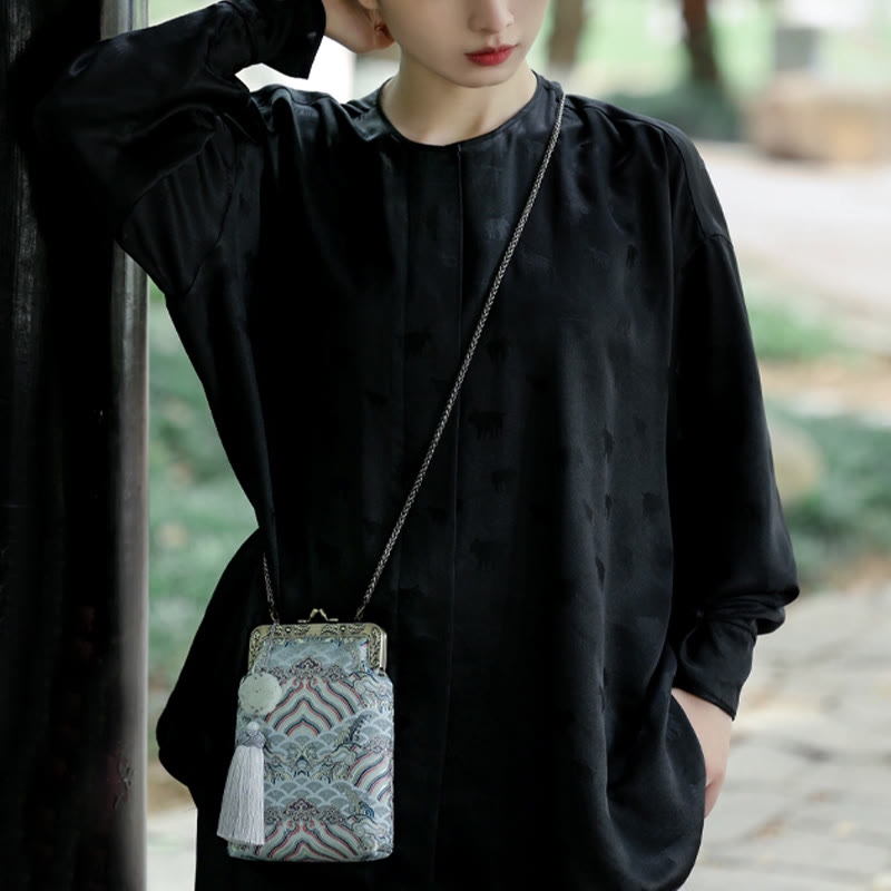 Buddha Stones Small Blue Ocean Waves Metal Chain Crossbody Bag Shoulder Bag Cellphone Bag - image 12