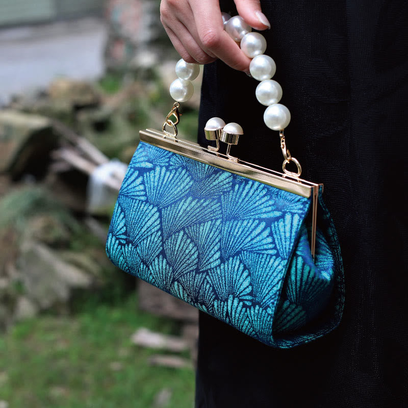 Buddha Stones Vintage Peacock Blue Leaf Pattern Pearl Metal Handbag - image 1
