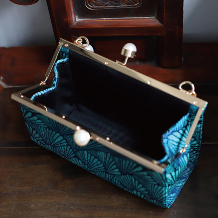 Buddha Stones Vintage Peacock Blue Leaf Pattern Pearl Metal Handbag - image 2