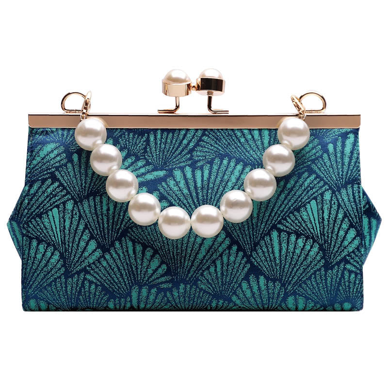 Buddha Stones Vintage Peacock Blue Leaf Pattern Pearl Metal Handbag - image 10