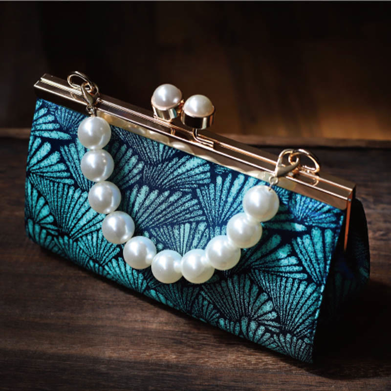 Buddha Stones Vintage Peacock Blue Leaf Pattern Pearl Metal Handbag - image 3