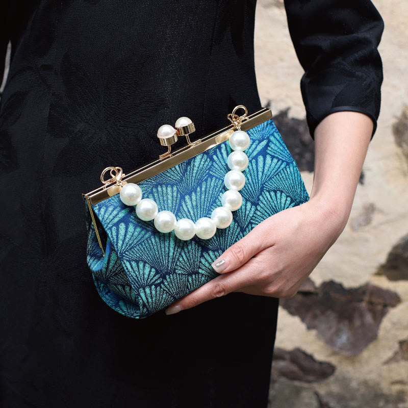 Buddha Stones Vintage Peacock Blue Leaf Pattern Pearl Metal Handbag - Blue 20.5*12*8cm - image 0