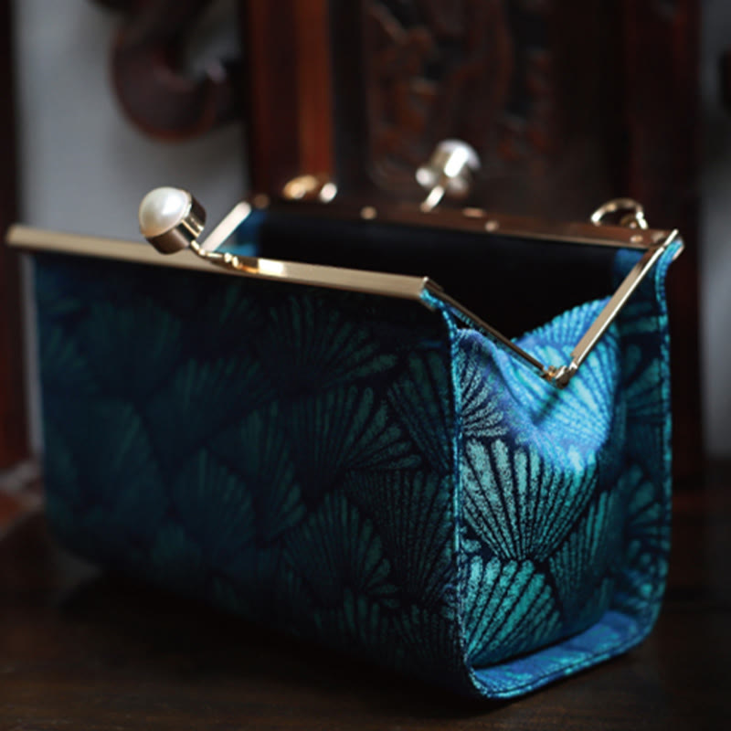 Buddha Stones Vintage Peacock Blue Leaf Pattern Pearl Metal Handbag - image 4