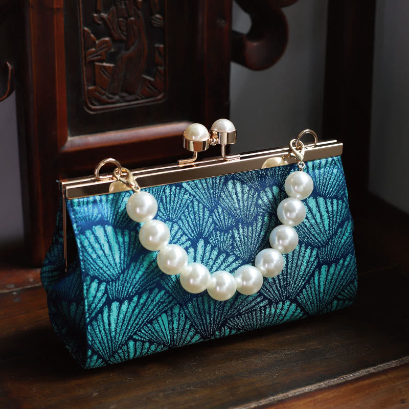 Buddha Stones Vintage Peacock Blue Leaf Pattern Pearl Metal Handbag - image 9