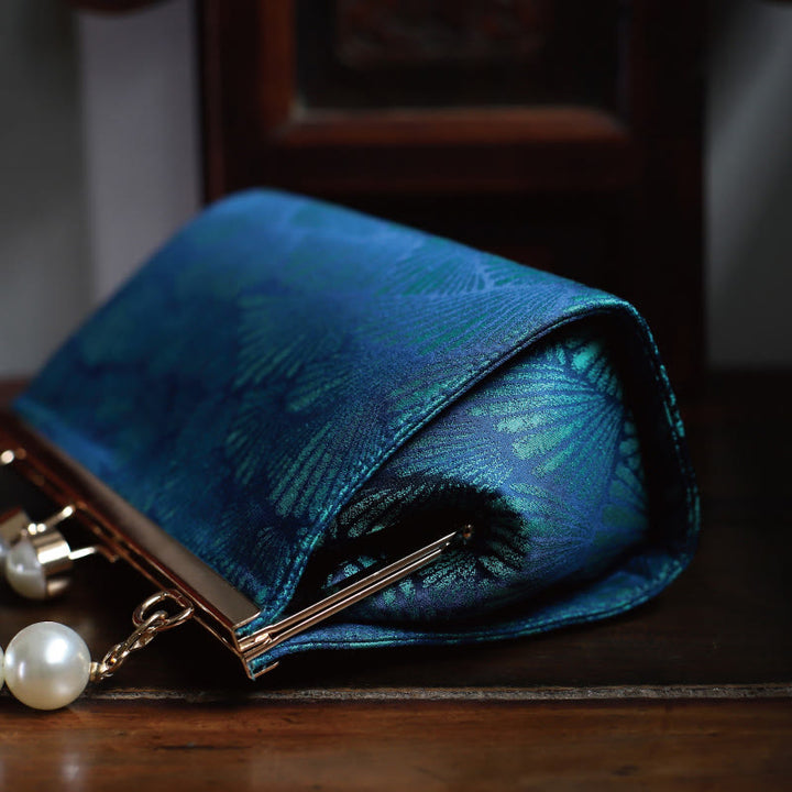 Buddha Stones Vintage Peacock Blue Leaf Pattern Pearl Metal Handbag - image 5