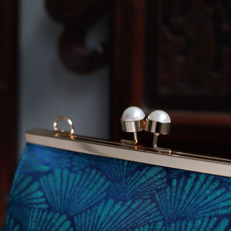 Buddha Stones Vintage Peacock Blue Leaf Pattern Pearl Metal Handbag - image 6