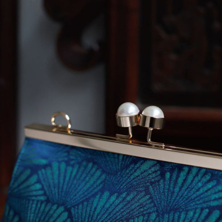 Buddha Stones Vintage Peacock Blue Leaf Pattern Pearl Metal Handbag - image 6