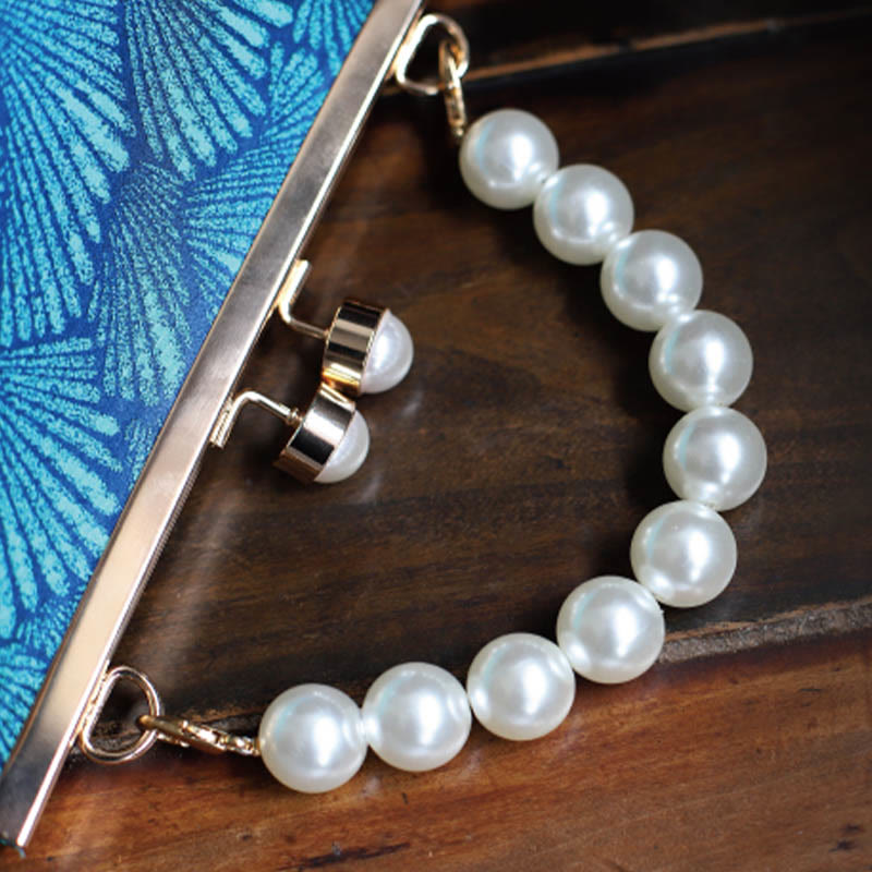 Buddha Stones Vintage Peacock Blue Leaf Pattern Pearl Metal Handbag - image 7