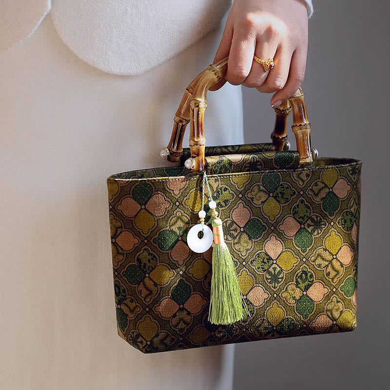 Buddha Stones Green Leaves Handbag Metal Chain Crossbody Bag Shoulder Bag Cellphone Bag - Bamboo Handle Tassel Bag 22*16*7cm - image 0