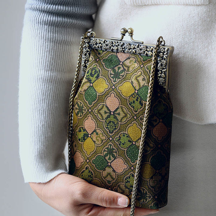 Buddha Stones Green Leaves Handbag Metal Chain Crossbody Bag Shoulder Bag Cellphone Bag - Mobile Phone Bag 12*20*3cm - image 4