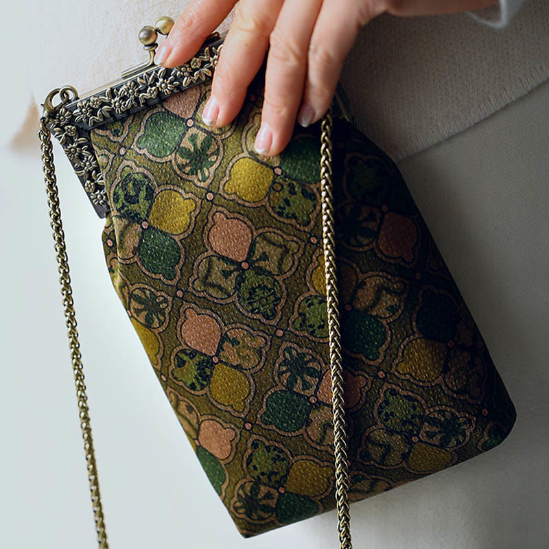 Buddha Stones Green Leaves Handbag Metal Chain Crossbody Bag Shoulder Bag Cellphone Bag - image 5