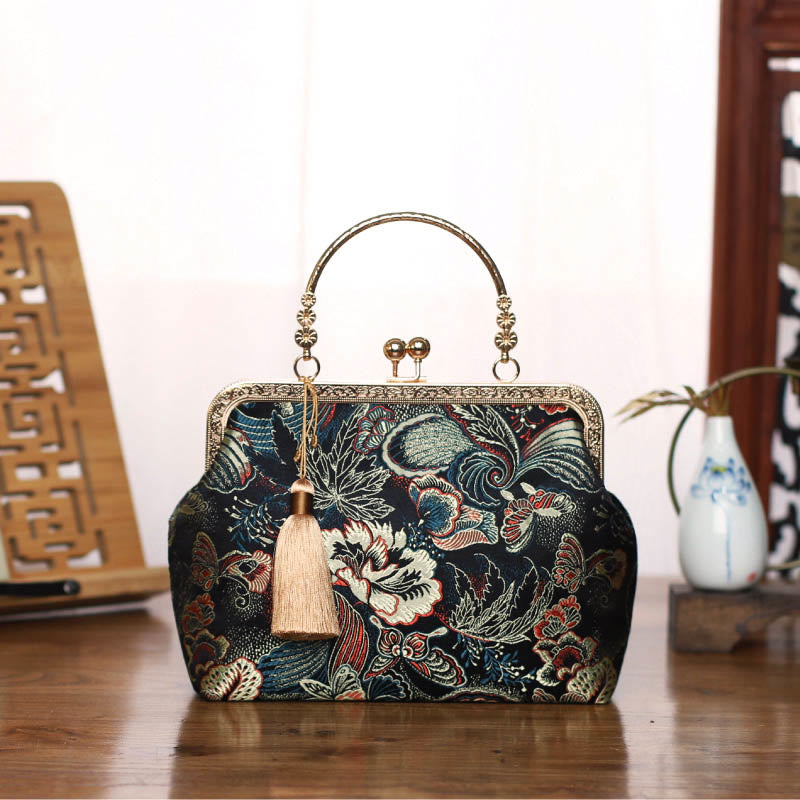 Buddha Stones Vintage Flower Butterfly Crane Sea Waves Metal Chain Crossbody Bag Shoulder Bag Handbag - Black Flower Butterfly 22*18*8cm - image 0
