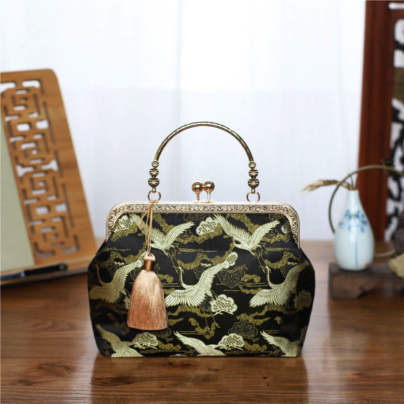 Buddha Stones Vintage Flower Butterfly Crane Sea Waves Metal Chain Crossbody Bag Shoulder Bag Handbag - Black White Crane 22*18*8cm - image 9