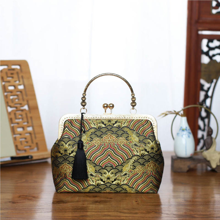 Buddha Stones Vintage Flower Butterfly Crane Sea Waves Metal Chain Crossbody Bag Shoulder Bag Handbag - Yellow Green River Sea Waves 22*18*8cm - image 10