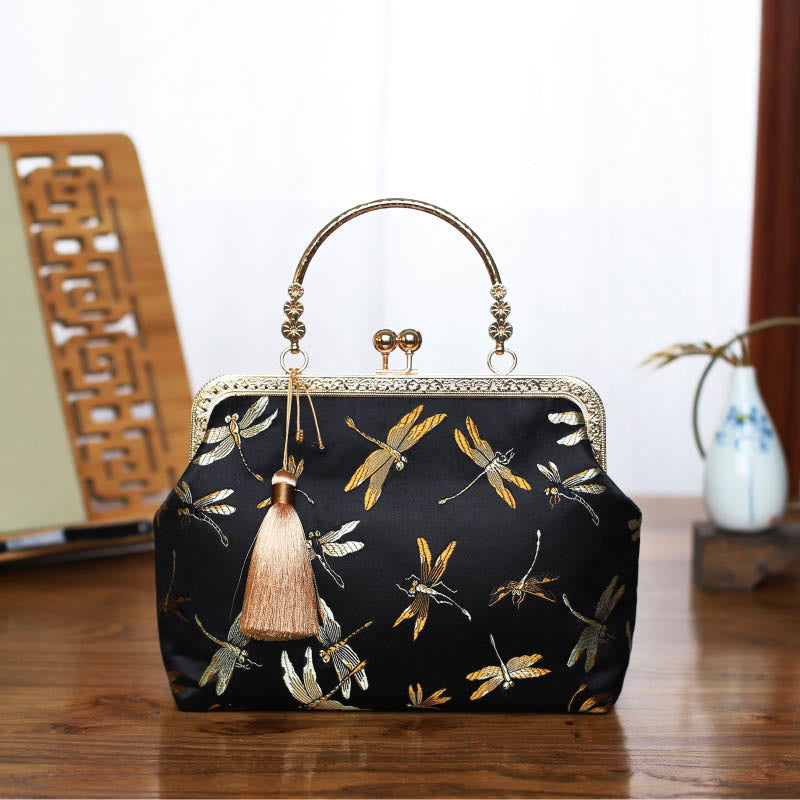 Buddha Stones Vintage Flower Butterfly Crane Sea Waves Metal Chain Crossbody Bag Shoulder Bag Handbag - Black Golden Dragonfly 22*18*8cm - image 11