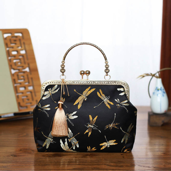 Buddha Stones Vintage Flower Butterfly Crane Sea Waves Metal Chain Crossbody Bag Shoulder Bag Handbag - Black Golden Dragonfly 22*18*8cm - image 11