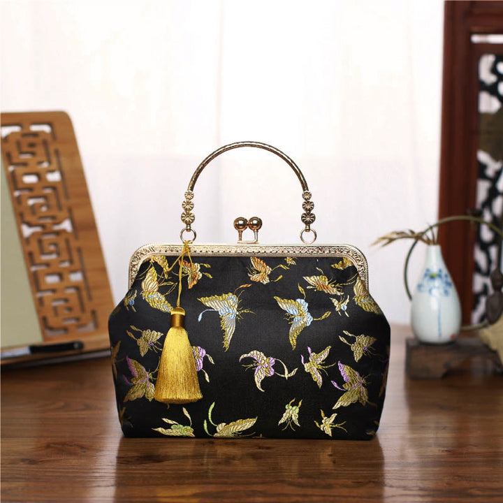 Buddha Stones Vintage Flower Butterfly Crane Sea Waves Metal Chain Crossbody Bag Shoulder Bag Handbag - Black Butterfly 22*18*8cm - image 12