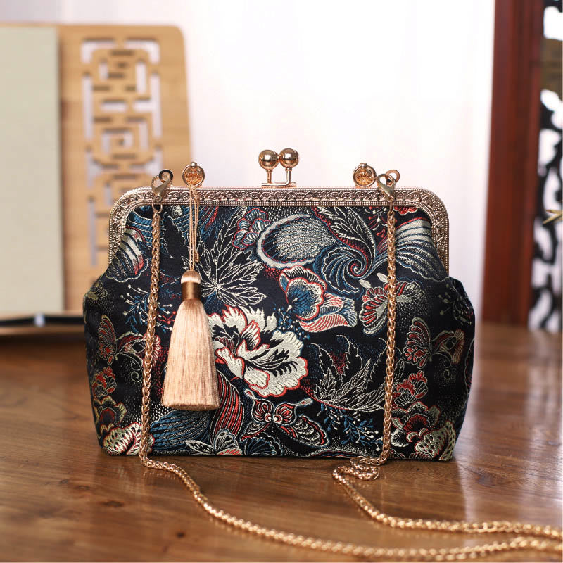 Buddha Stones Vintage Flower Butterfly Crane Sea Waves Metal Chain Crossbody Bag Shoulder Bag Handbag - image 1
