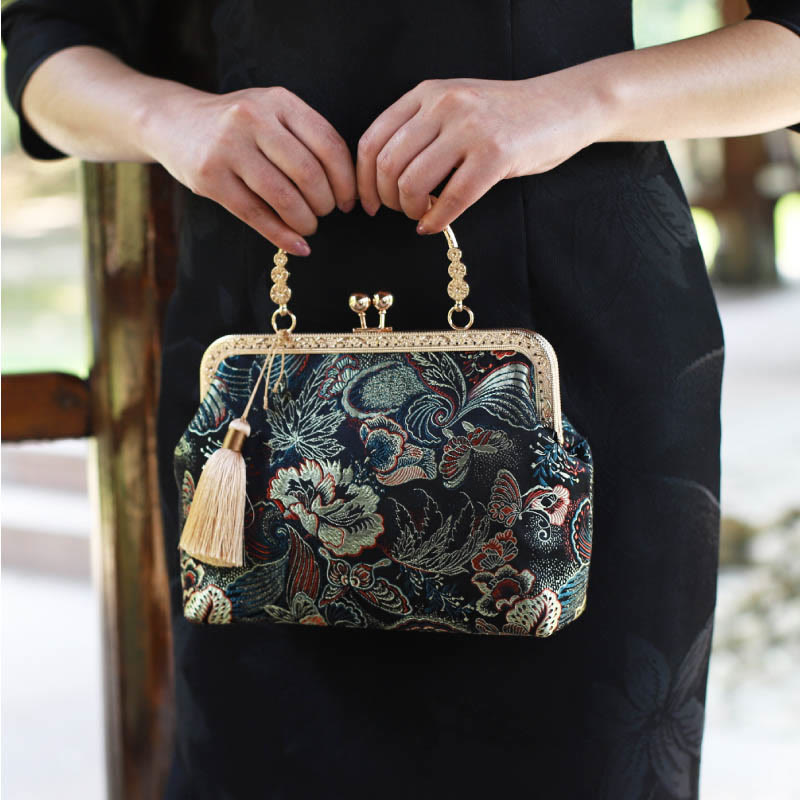 Buddha Stones Vintage Flower Butterfly Crane Sea Waves Metal Chain Crossbody Bag Shoulder Bag Handbag - image 7