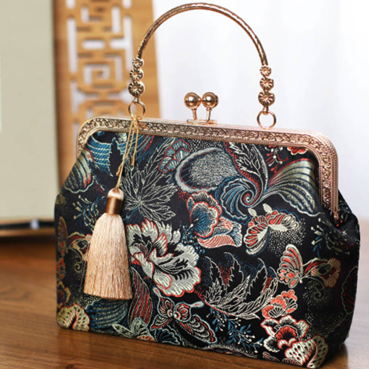 Buddha Stones Vintage Flower Butterfly Crane Sea Waves Metal Chain Crossbody Bag Shoulder Bag Handbag - image 4