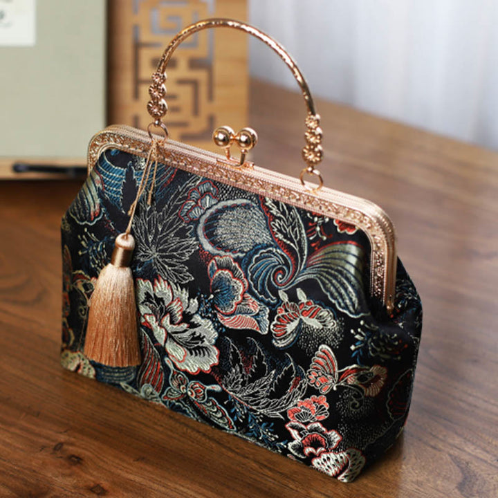 Buddha Stones Vintage Flower Butterfly Crane Sea Waves Metal Chain Crossbody Bag Shoulder Bag Handbag - image 3