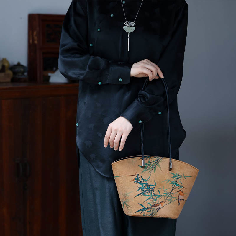 Buddha Stones Vintage Bamboo Magpie Peony Butterfly Large Capacity Shoulder Bag Handbag - image 7