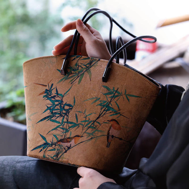 Buddha Stones Vintage Bamboo Magpie Peony Butterfly Large Capacity Shoulder Bag Handbag - image 1