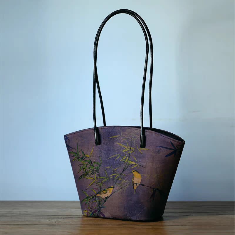 Buddha Stones Vintage Bamboo Magpie Peony Butterfly Large Capacity Shoulder Bag Handbag - Purple Bamboo Magpie 22-32*19.5*11.5cm - image 12
