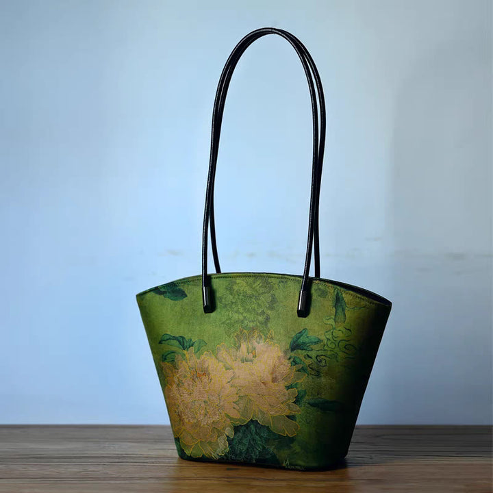 Buddha Stones Vintage Bamboo Magpie Peony Butterfly Large Capacity Shoulder Bag Handbag - Green Peony 22-32*19.5*11.5cm - image 11