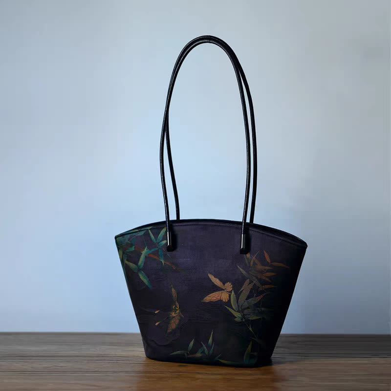 Buddha Stones Vintage Bamboo Magpie Peony Butterfly Large Capacity Shoulder Bag Handbag - Dark Purple Butterfly 22-32*19.5*11.5cm - image 13